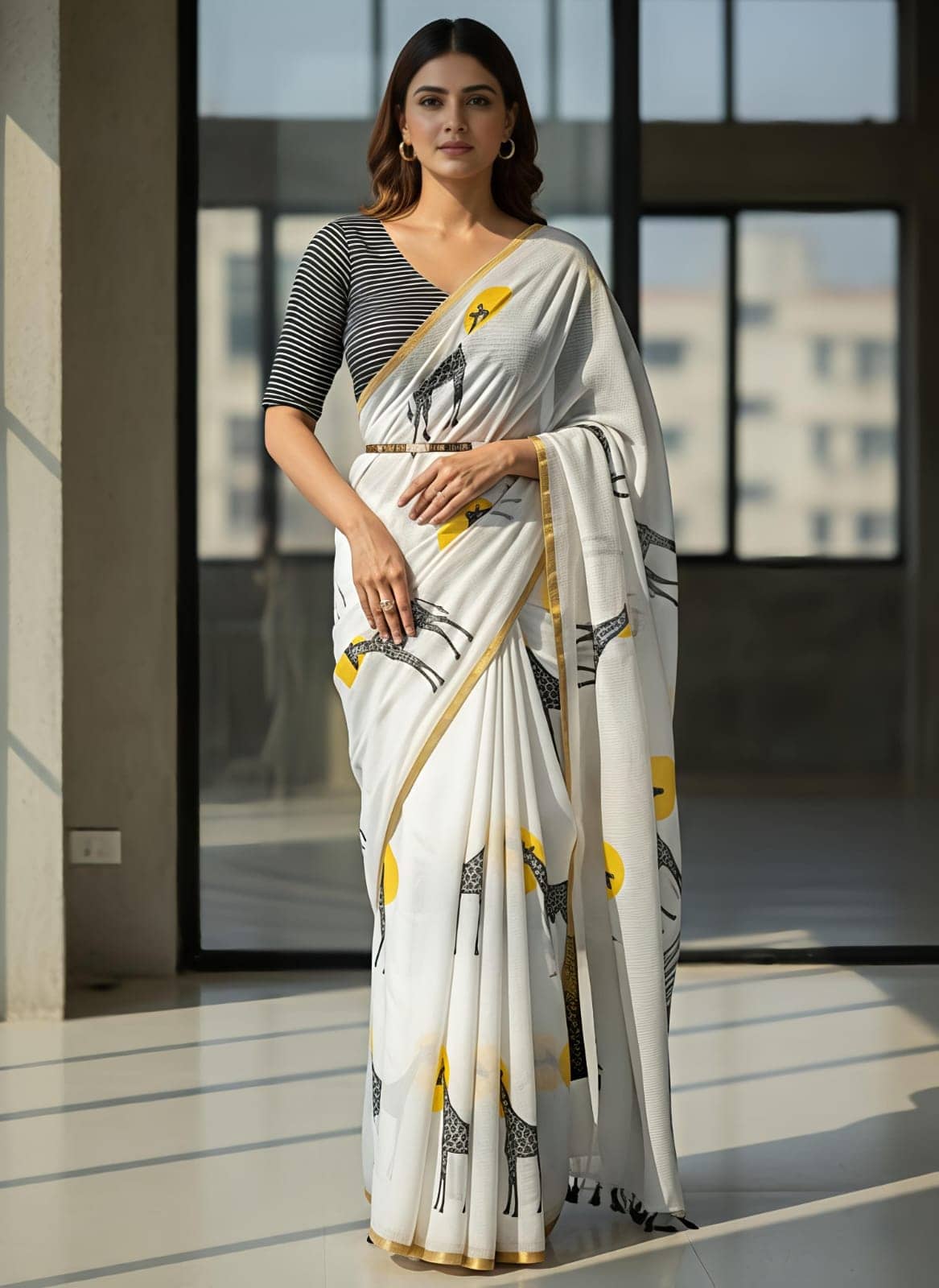 White Linen Cotton Saree with Giraffe & Sun Print and Striped Blouse