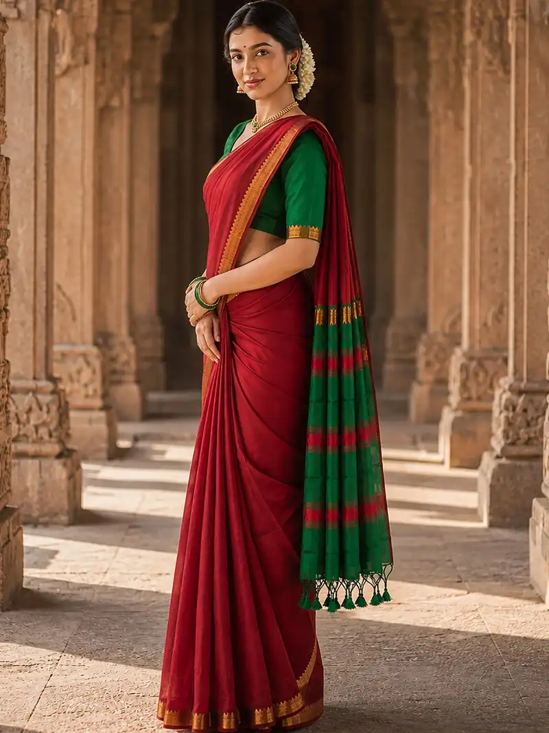 Deep Maroon Cotton Silk Saree with Contrast Green Pallu & Gold Zari Border
