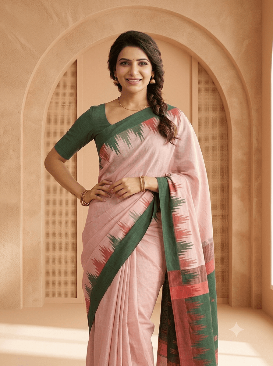 Blush Pink Linen Saree with Forest Green Temple Border