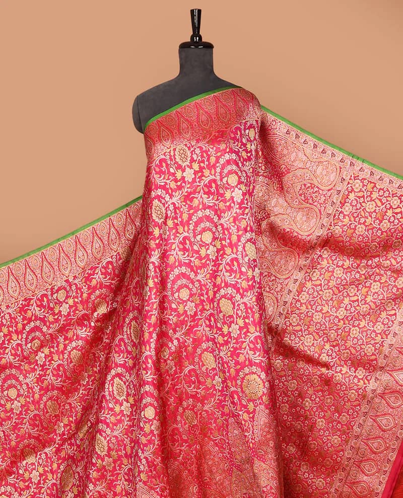 Rani Pink Banarasi Silk Saree with All-Over Floral Gold Zari Jaal & Green Piping