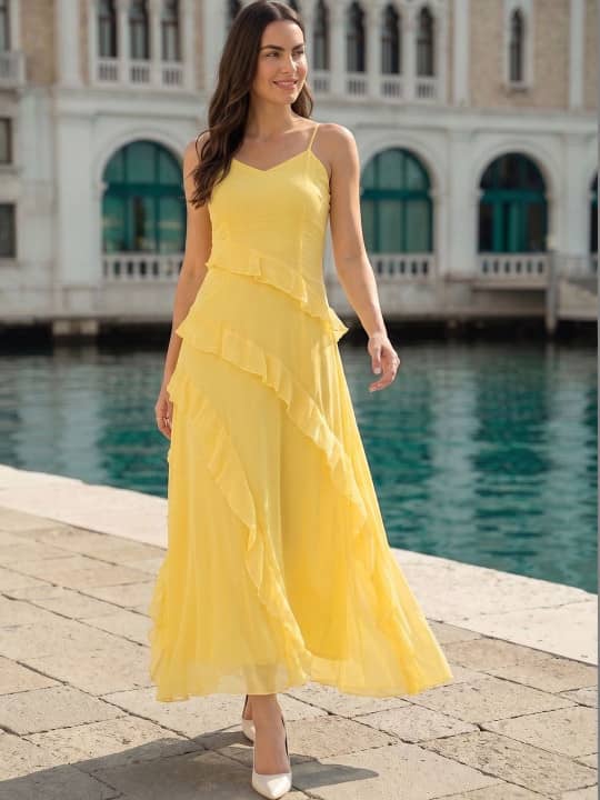Sun-Yellow Tiered Ruffled Cami Maxi Dress