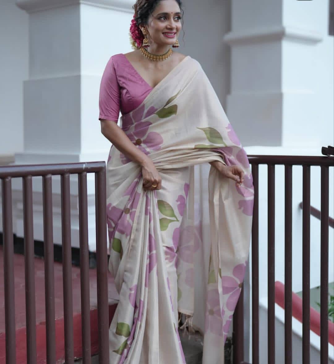 Off-White Tussar Silk Saree with Mauve Floral Prints and Matching Printed Blouse